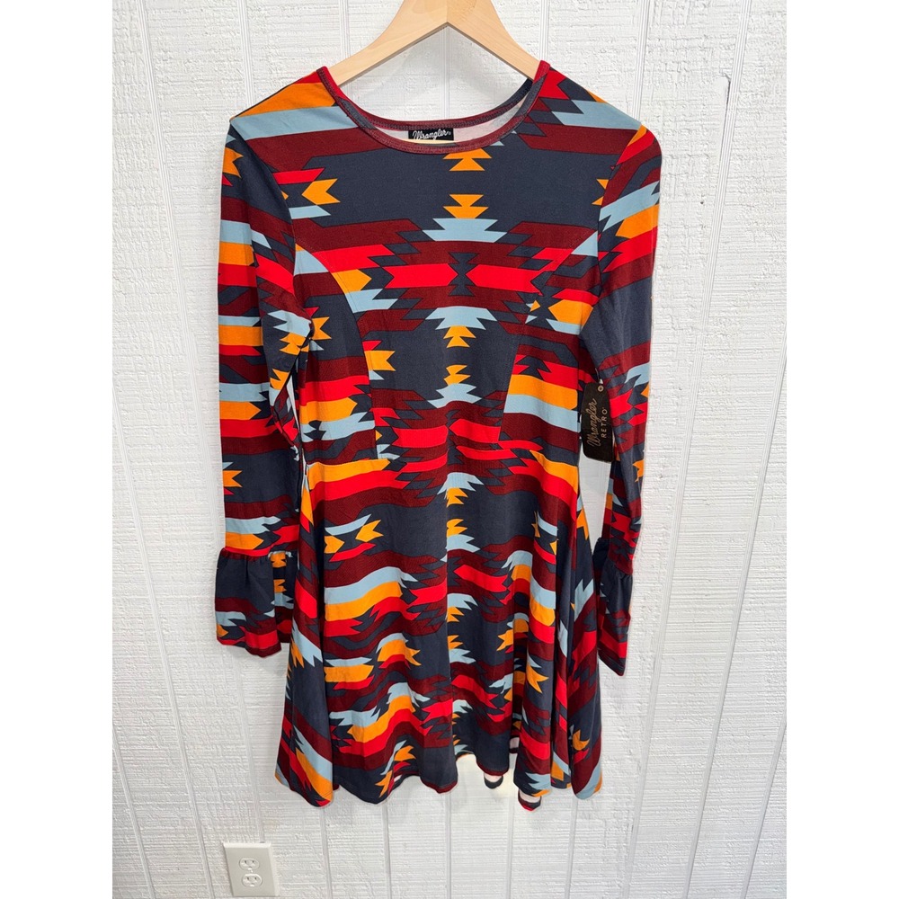Wrangler Retro Dress Women Multicolor Southwestern Geometric Ruffle Sleeve M